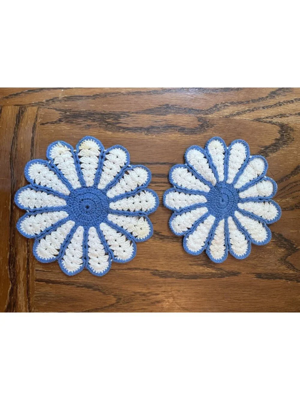 Vintage Handmade Crochet Daisy Pattern Doilies - Blue & Cream - Set Of 2 - 8 Inc